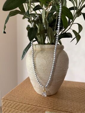 Silver Pearl Bead Necklace with Gold Crystal Pendant